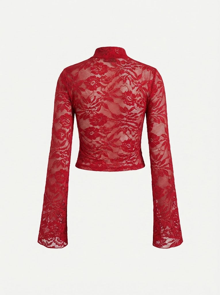 Women’s Stretch Lace V-Neck Top – Flared-Sleeve Evening Style
