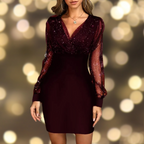 Women's Sequin V-Neck Mini Dress with Sheer Sleeves