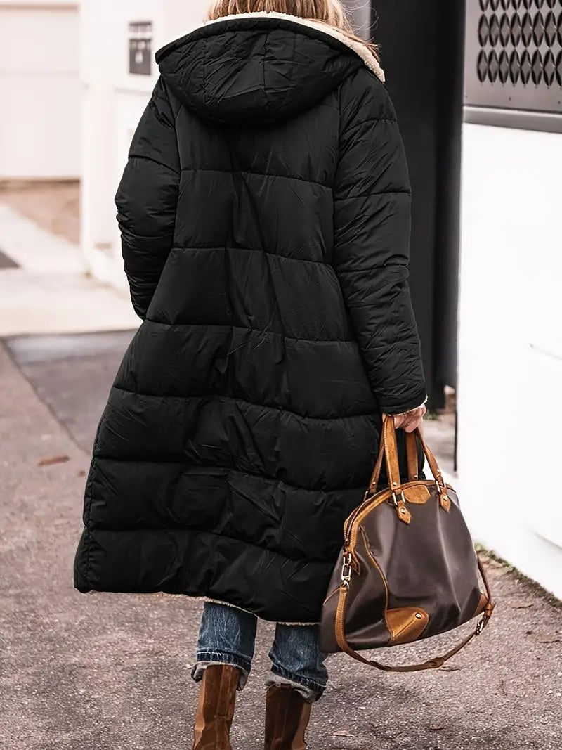 Women’s Reversible Sherpa Fleece Puffer Coat – Warm Hooded Longline Winter Layer
