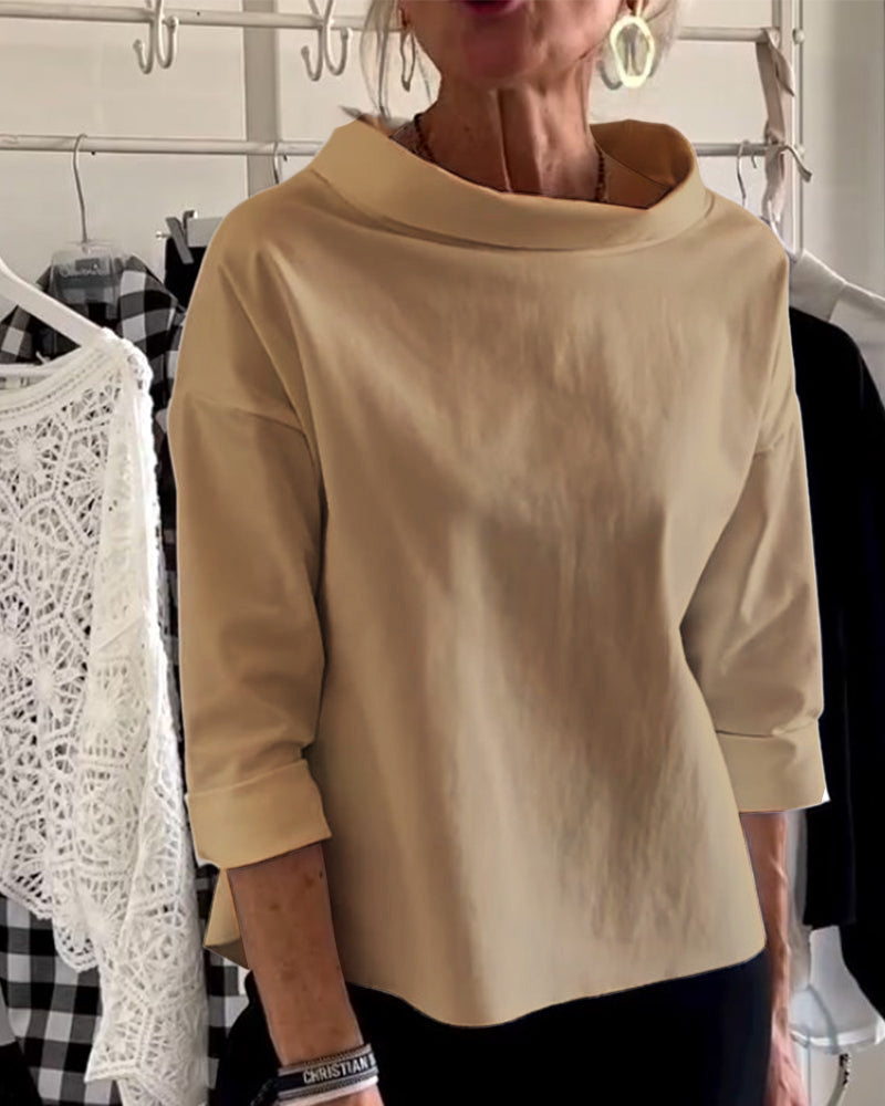 Women’s Wide-Neck Cotton Blouse – Relaxed Three-Quarter Sleeve Top for Polished Everyday Wear