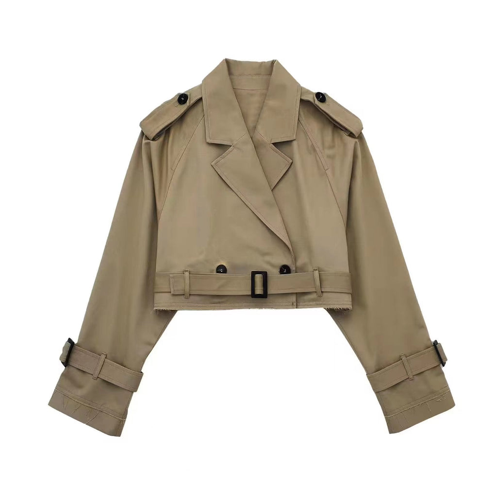 Women’s Belted Cropped Trench Jacket – Structured Transitional Layer for City and Office Wear