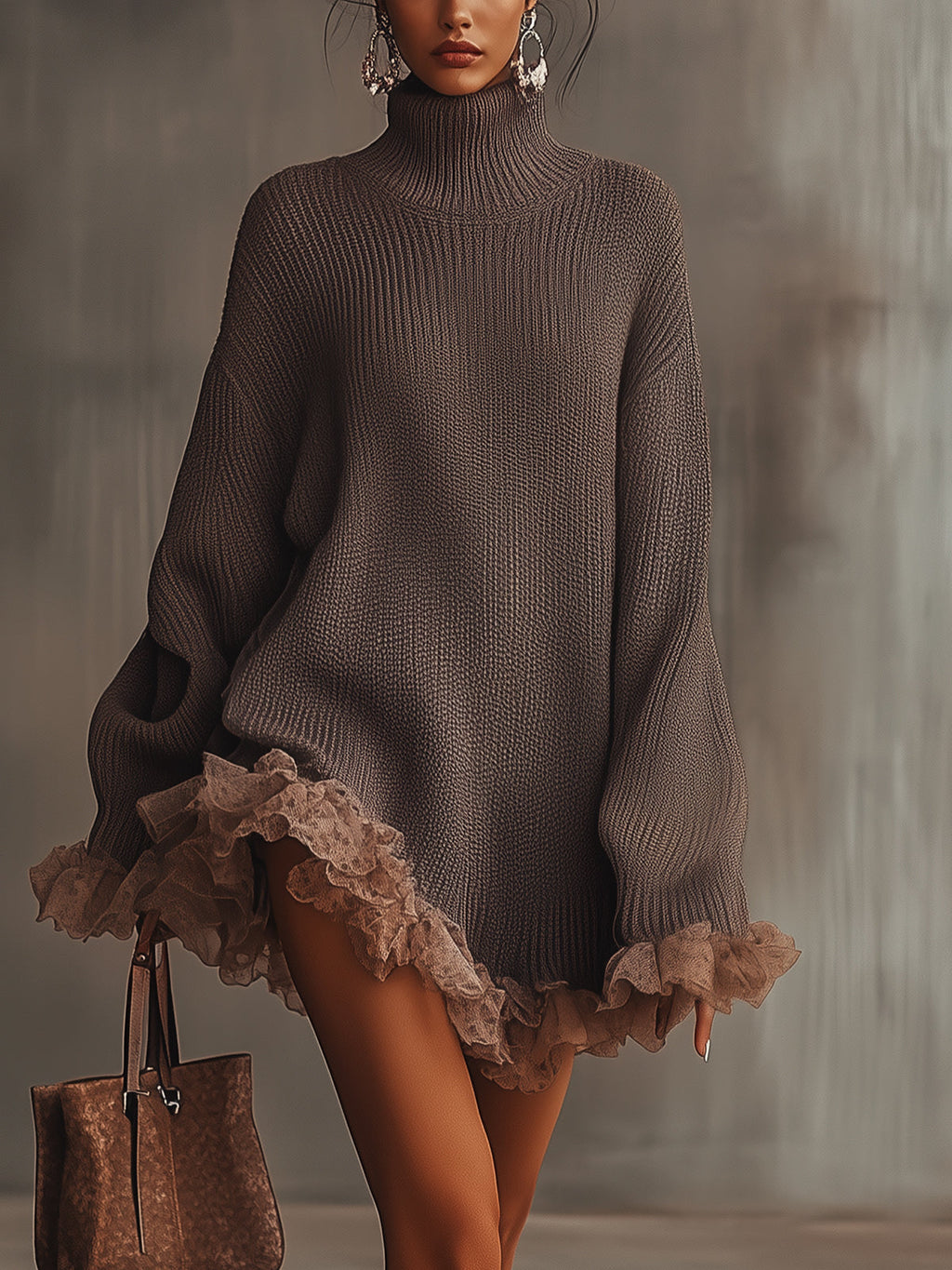 Women's Chunky Knit Turtleneck Mini Dress with Romantic Lace Ruffle Hem and Bell Sleeves – Relaxed Fit Long Sleeve Winter Jumper Dress for Elegant Casual Wear and Autumn Evening Outfits