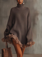Women's Chunky Knit Turtleneck Mini Dress with Romantic Lace Ruffle Hem and Bell Sleeves – Relaxed Fit Long Sleeve Winter Jumper Dress for Elegant Casual Wear and Autumn Evening Outfits
