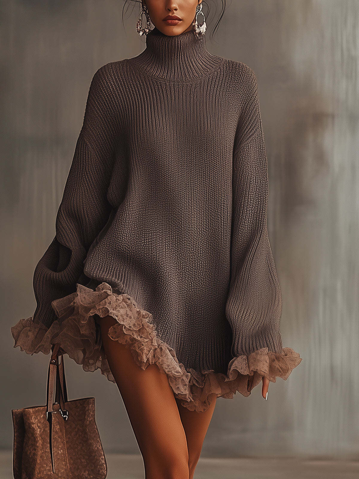 Women's Chunky Knit Turtleneck Mini Dress with Romantic Lace Ruffle Hem and Bell Sleeves – Relaxed Fit Long Sleeve Winter Jumper Dress for Elegant Casual Wear and Autumn Evening Outfits