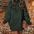 Women's Oversized Cable Knit Mini Dress with Balloon Sleeves and Classic Crew Neck – Cosy Chunky Textured Long Sleeve Jumper Dress with Ribbed Hem and Cuffs for Casual Autumn and Winter Everyday Wear