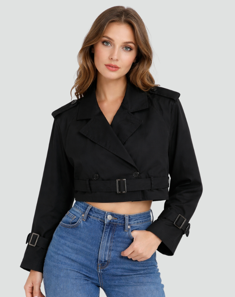 Women’s Cropped Belted Trench Jacket Tailored Double Button Outerwear