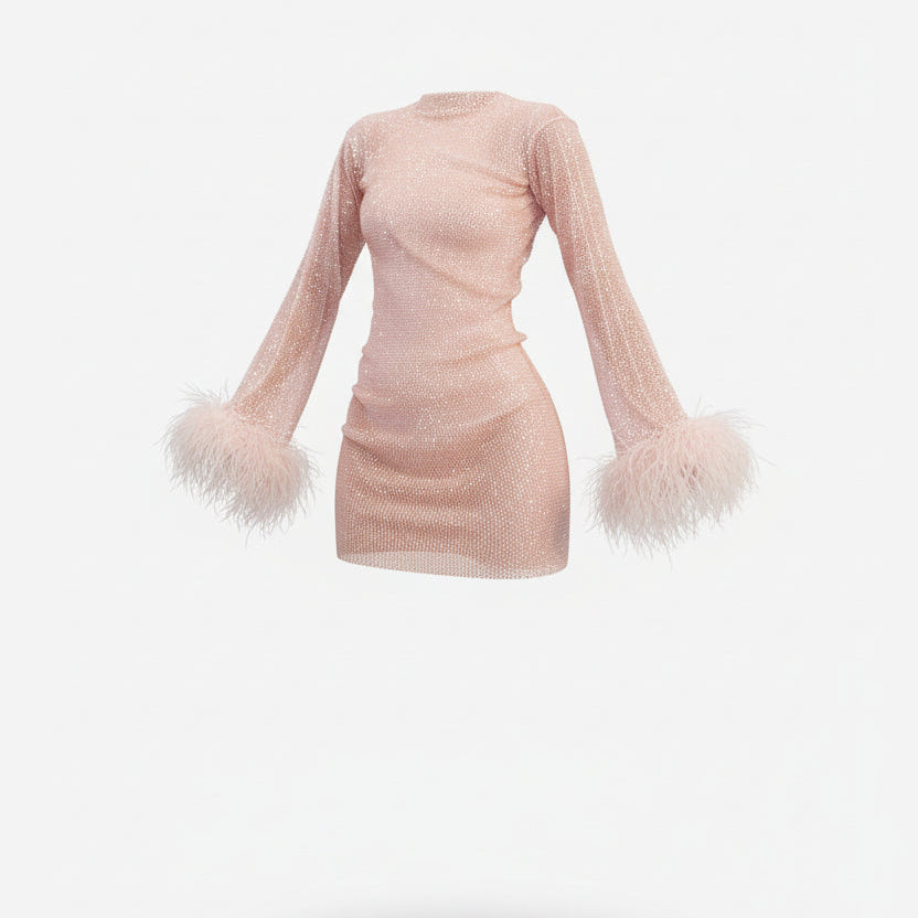 Women’s Sequin Mini Dress Feather Cuff Long Sleeve Party