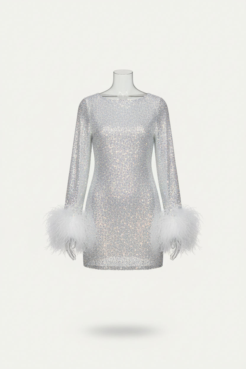 Women’s Sequin Mini Dress Feather Cuff Long Sleeve Party