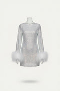 Women’s Sequin Mini Dress Feather Cuff Long Sleeve Party