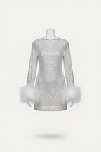 Women’s Sequin Mini Dress Feather Cuff Long Sleeve Party