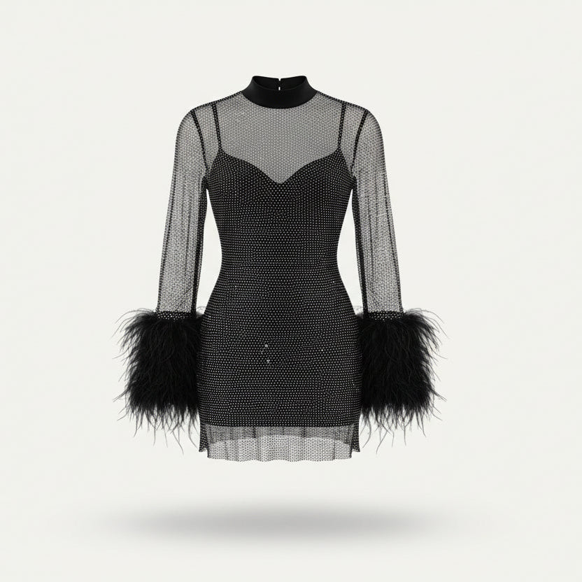 Women’s Sequin Mini Dress Feather Cuff Long Sleeve Party