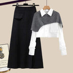 Women’s Layered Three-Piece Winter Outfit Set – Collared Shirt Knit Shoulder Wrap and Ribbed Maxi Skirt for Elegant Seasonal Styling