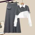 Women’s Layered Three-Piece Winter Outfit Set – Collared Shirt Knit Shoulder Wrap and Ribbed Maxi Skirt for Elegant Seasonal Styling