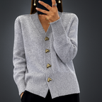 Women's V-Neck Button Cardigan with Ribbed Cuffs