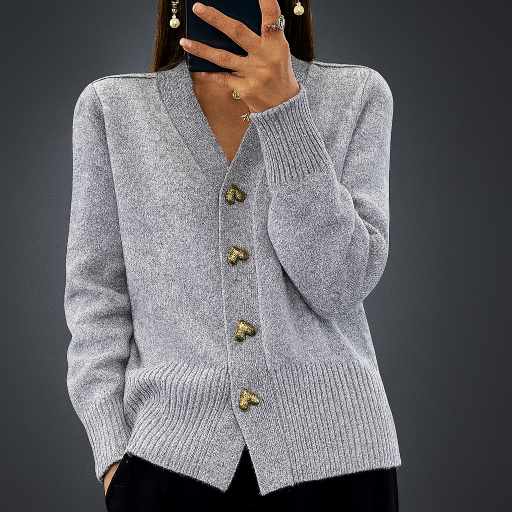 Women's V-Neck Button Cardigan with Ribbed Cuffs