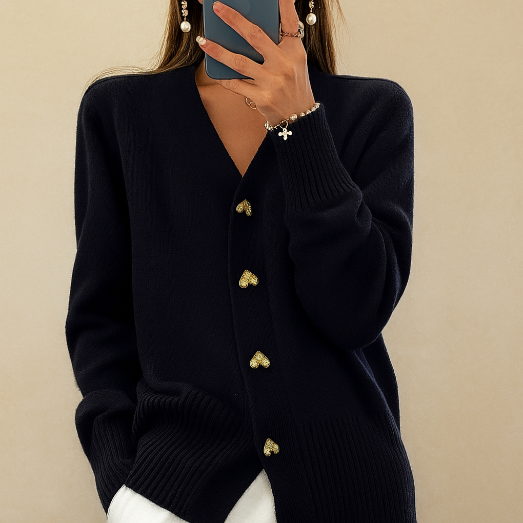 Women's V-Neck Button Cardigan with Ribbed Cuffs