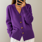 Women's V-Neck Button Cardigan with Ribbed Cuffs