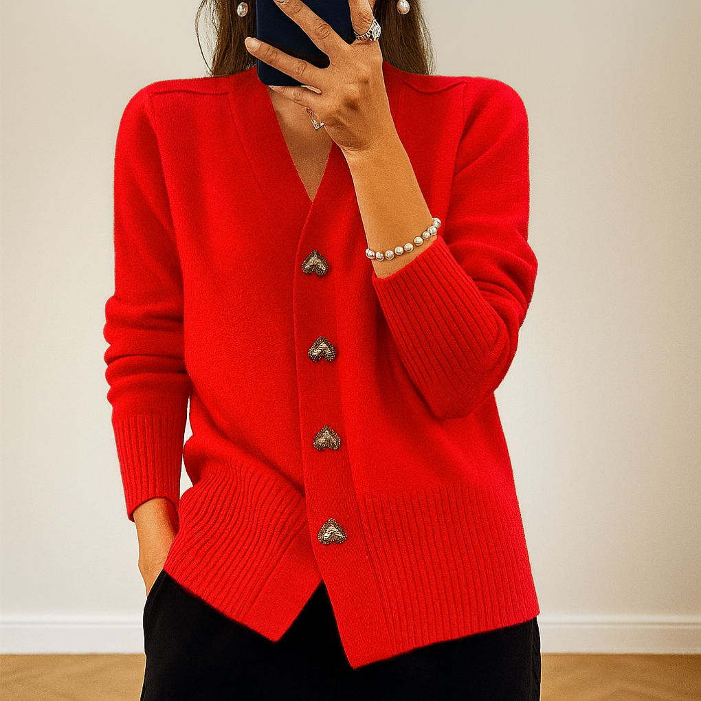 Women's V-Neck Button Cardigan with Ribbed Cuffs