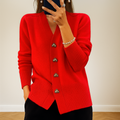Women's V-Neck Button Cardigan with Ribbed Cuffs