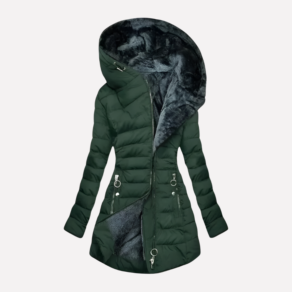 Women's Hooded Quilted Coat with Zip Front and Side Pockets