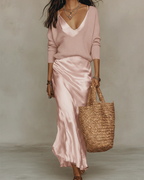 Women’s Satin Midi Dress and Knit Sweater Set