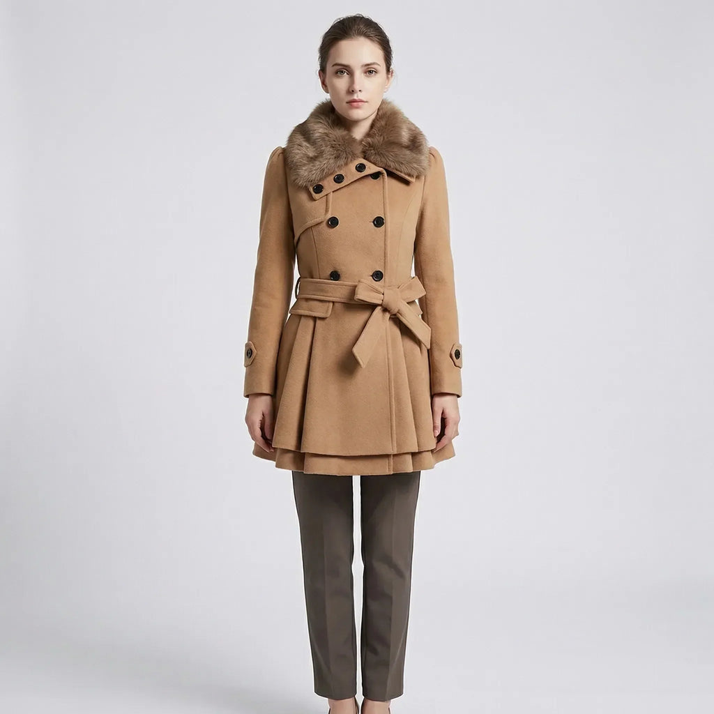 Women's Double-Breasted Belted Coat with Fur-Lined Collar