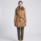 Women's Double-Breasted Belted Coat with Fur-Lined Collar