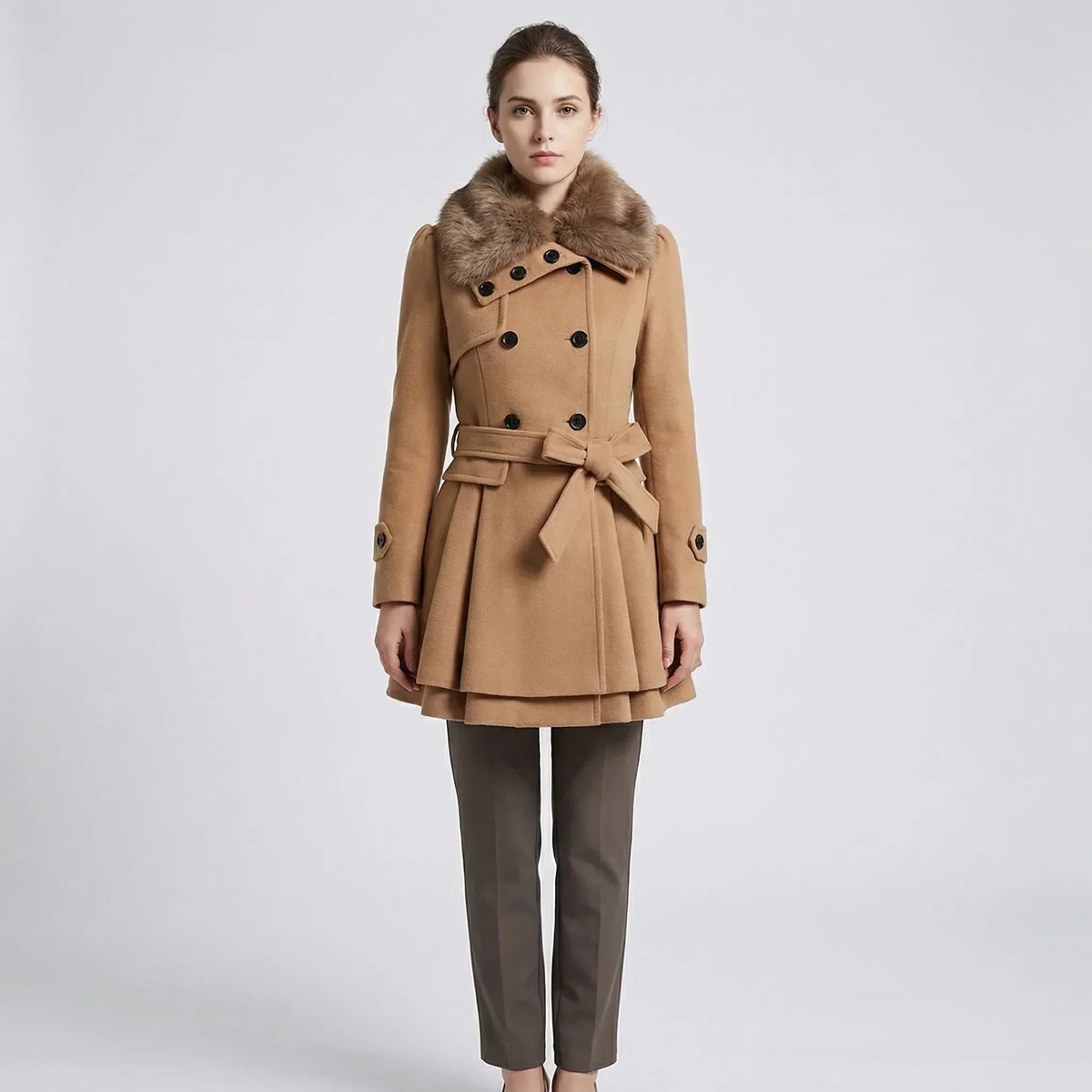 Women's Double-Breasted Belted Coat with Fur-Lined Collar