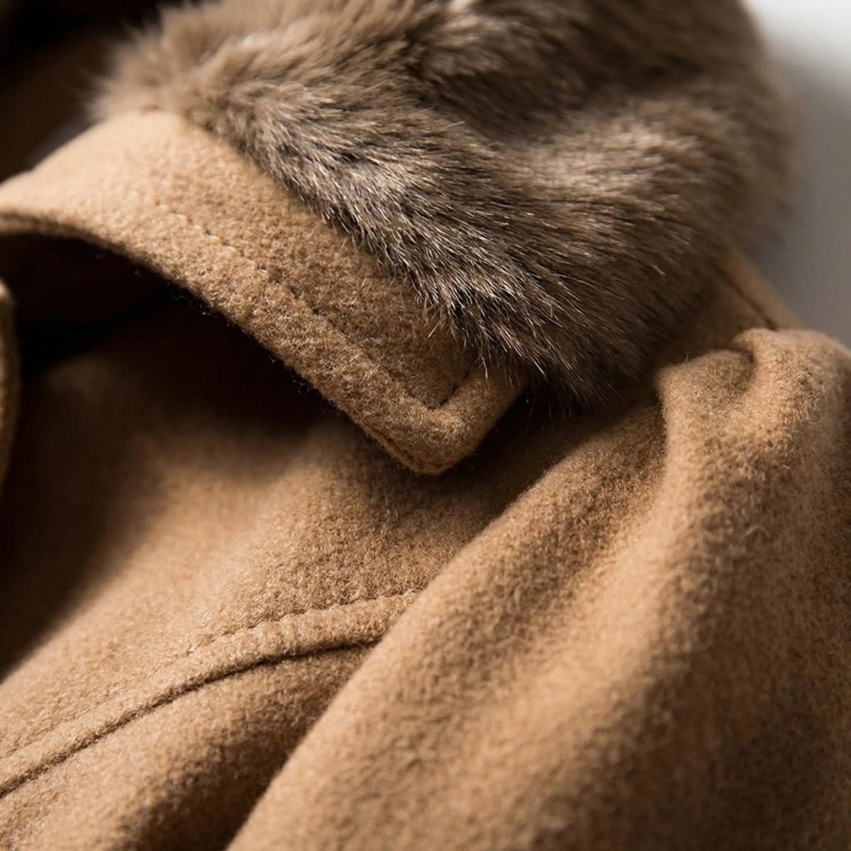 Women's Double-Breasted Belted Coat with Fur-Lined Collar