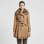 Women's Double-Breasted Belted Coat with Fur-Lined Collar