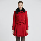 Women's Double-Breasted Belted Coat with Fur-Lined Collar