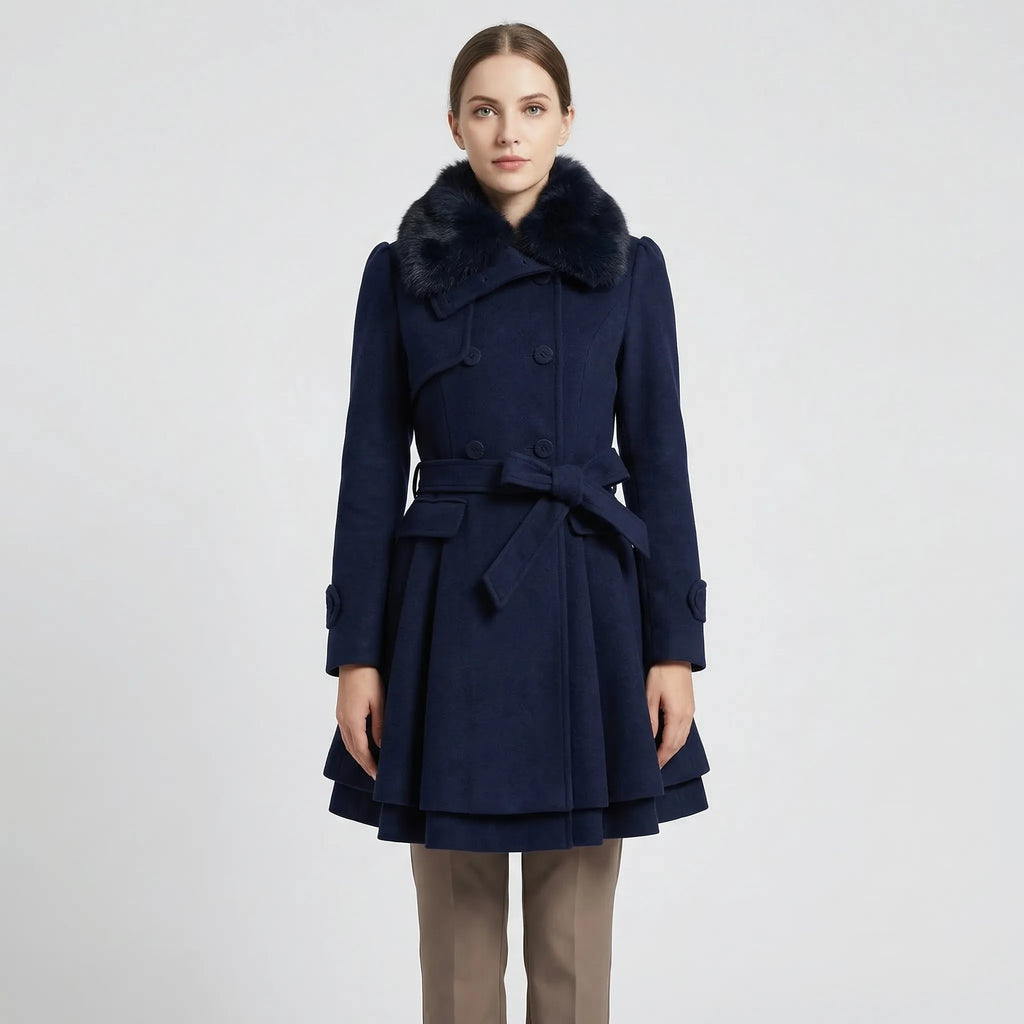Women's Double-Breasted Belted Coat with Fur-Lined Collar
