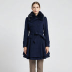 Women's Double-Breasted Belted Coat with Fur-Lined Collar