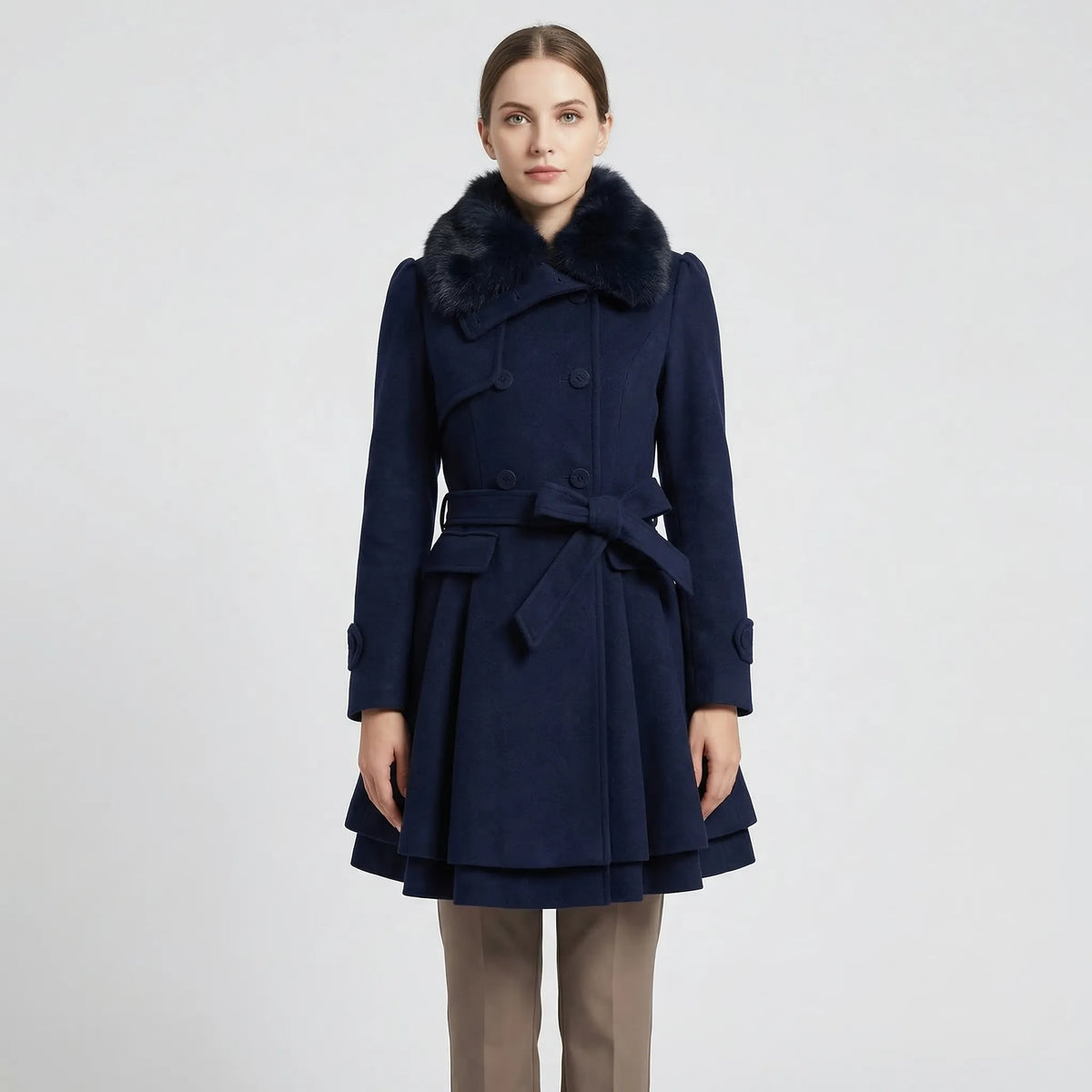 Women's Double-Breasted Belted Coat with Fur-Lined Collar
