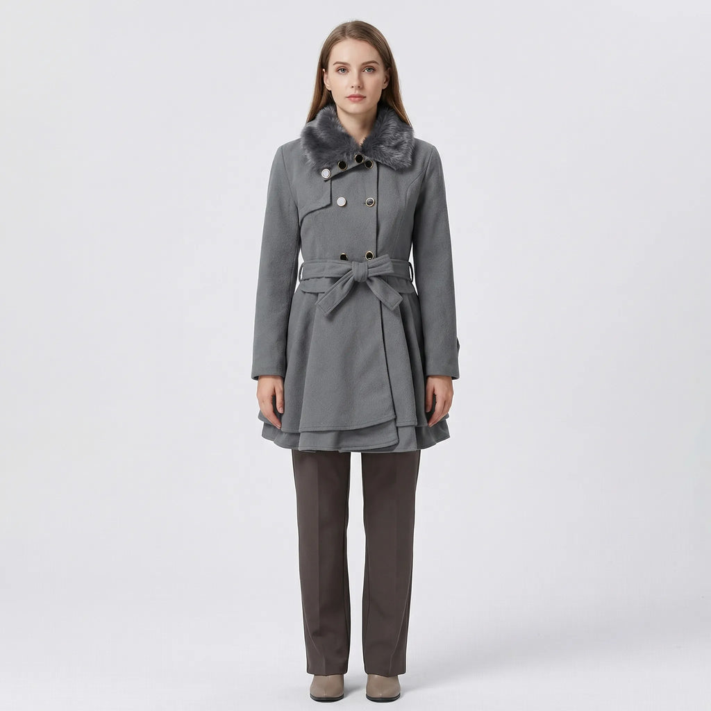 Women's Double-Breasted Belted Coat with Fur-Lined Collar