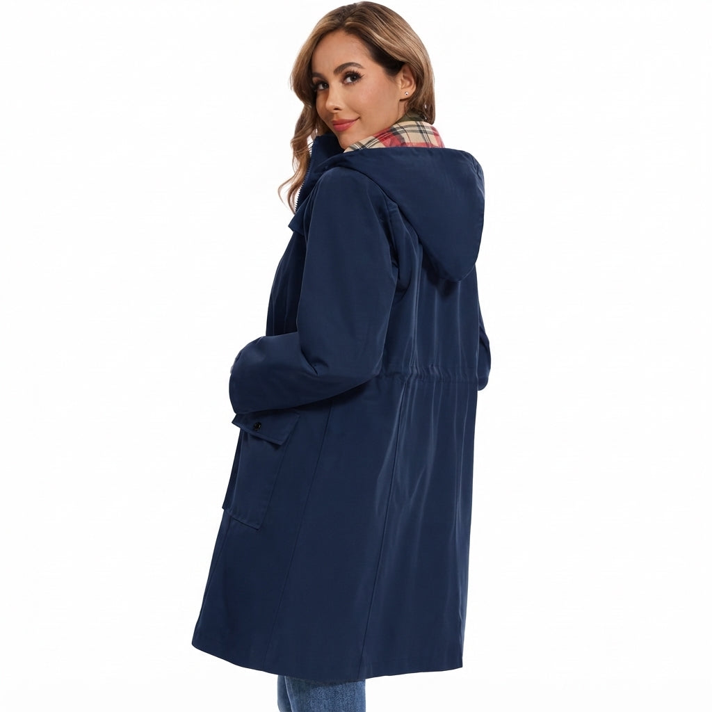 Women's Hooded Raincoat with Fleece Check Lining