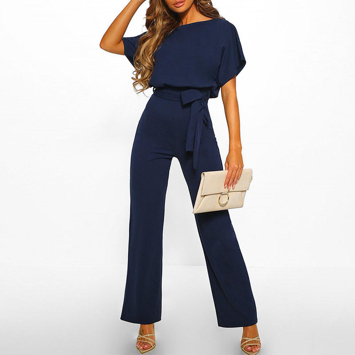 Women’s Wide Leg Tie Waist Short Sleeve Jumpsuit