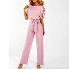 Women’s Wide Leg Tie Waist Short Sleeve Jumpsuit