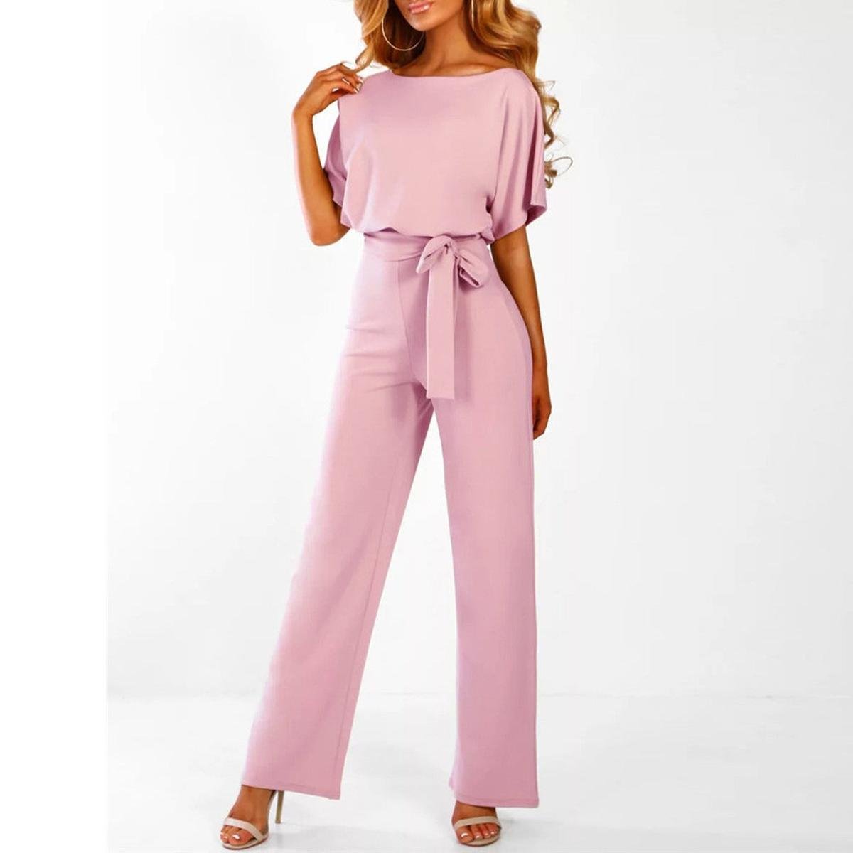Women’s Wide Leg Tie Waist Short Sleeve Jumpsuit