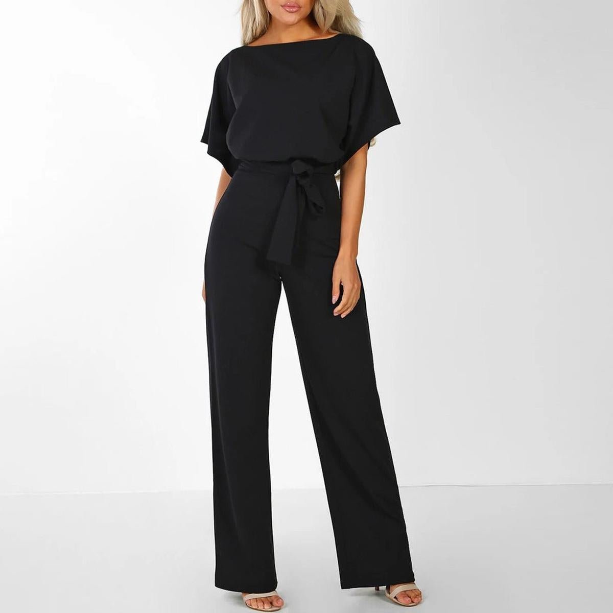 Women’s Wide Leg Tie Waist Short Sleeve Jumpsuit