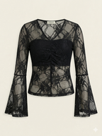 Women’s Sheer Lace Bell Sleeve V-Neck Party Blouse