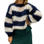 Women’s Chunky Knit Sweater with Wide Stripes and Balloon Sleeves