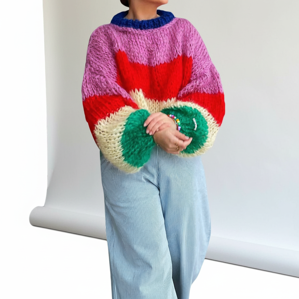 Women’s Chunky Knit Sweater with Wide Stripes and Balloon Sleeves