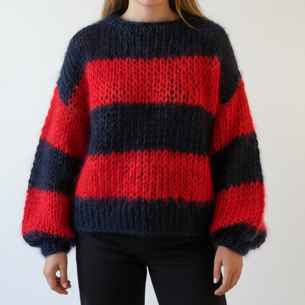 Women’s Chunky Knit Sweater with Wide Stripes and Balloon Sleeves