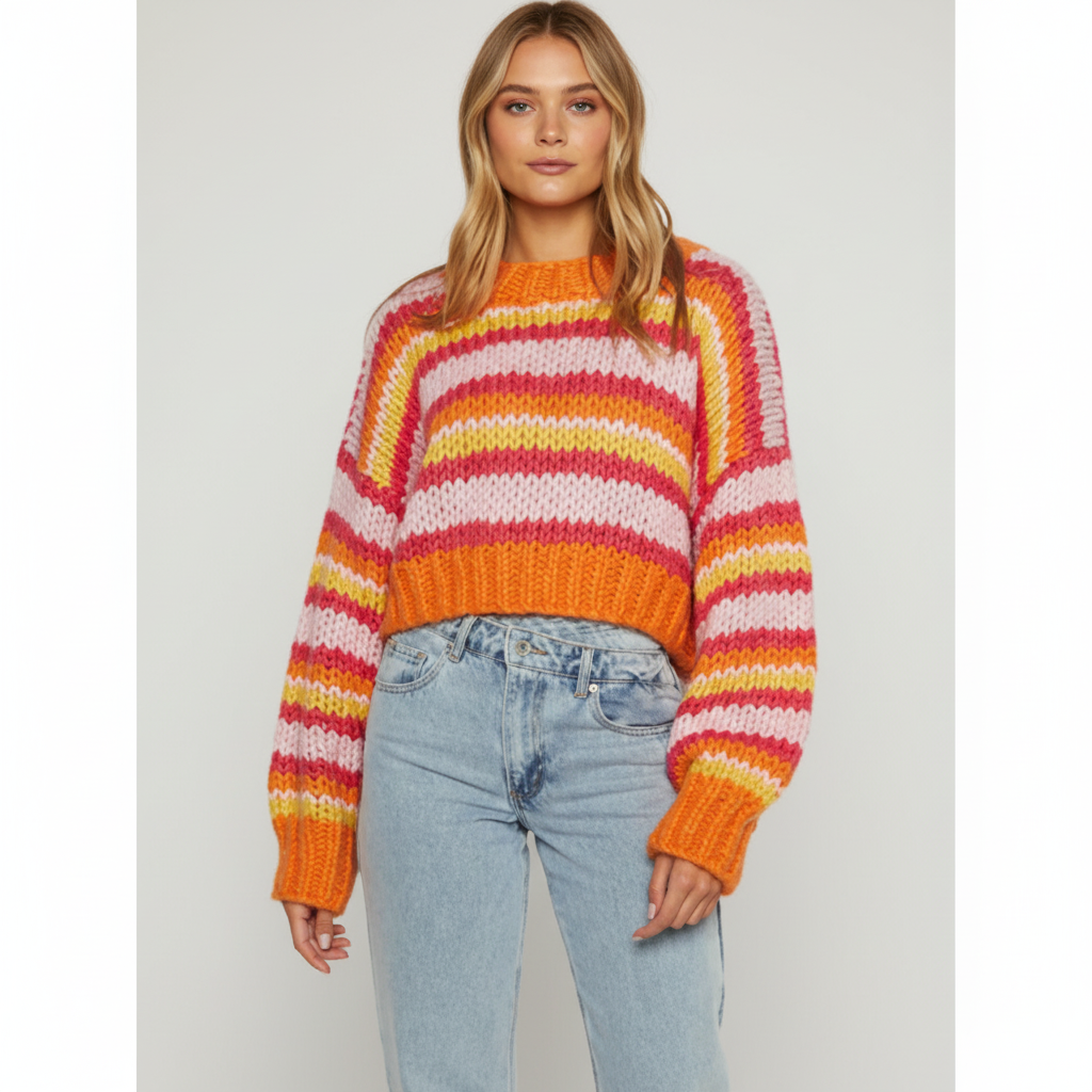Women’s Chunky Knit Sweater with Wide Stripes and Balloon Sleeves