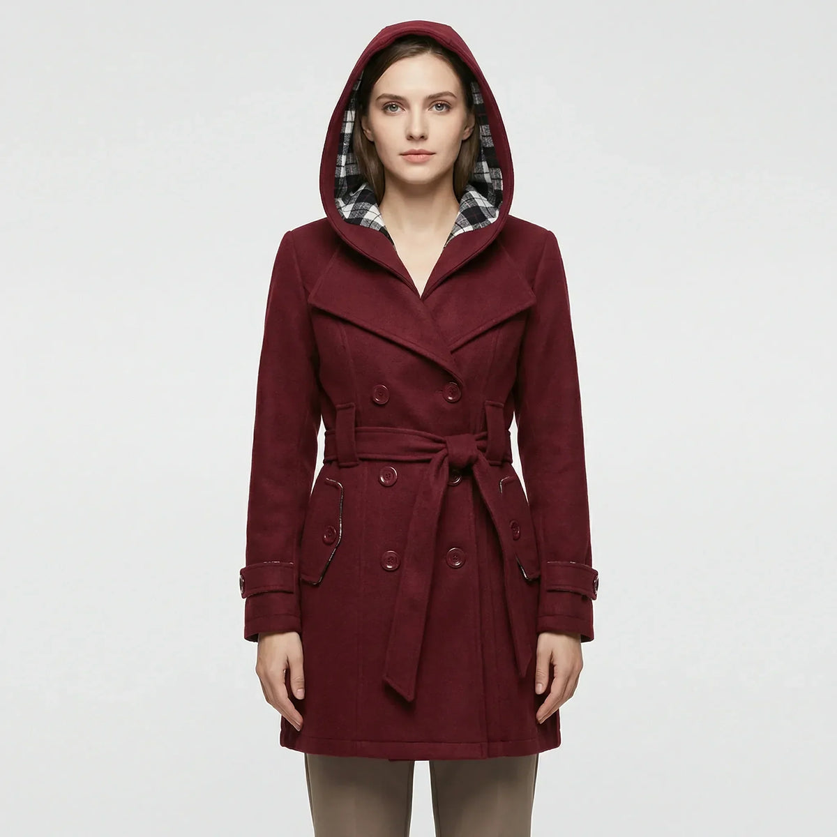 Women's Hooded Trench Coat Double-Breasted with Belt