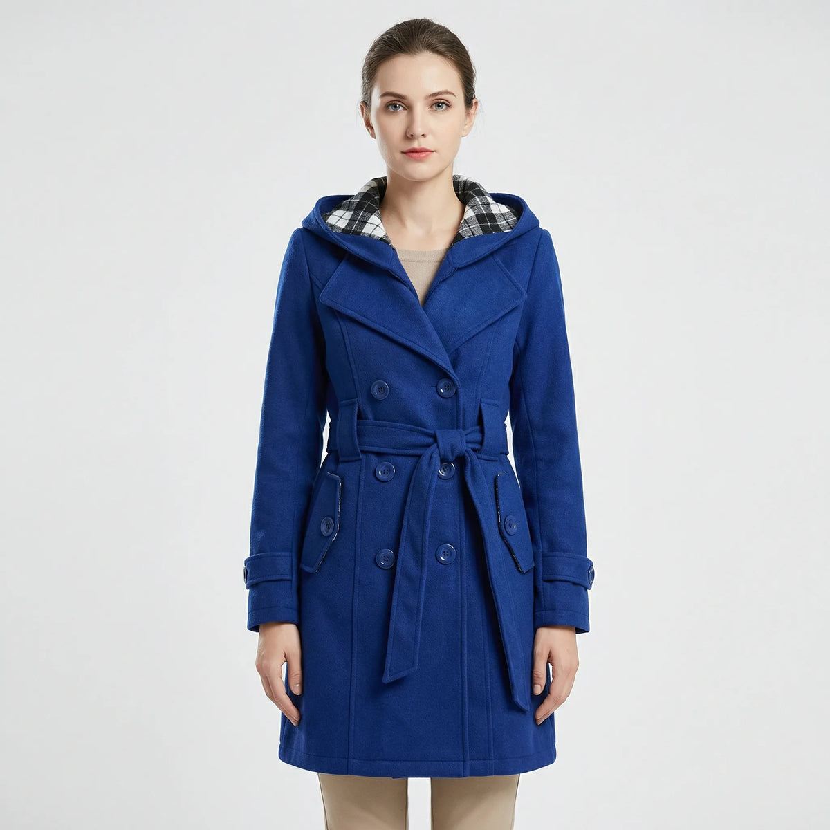 Women's Hooded Trench Coat Double-Breasted with Belt