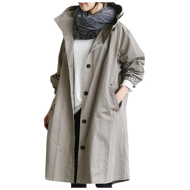Women's Button-Front Trench Coat with Hood and Pockets
