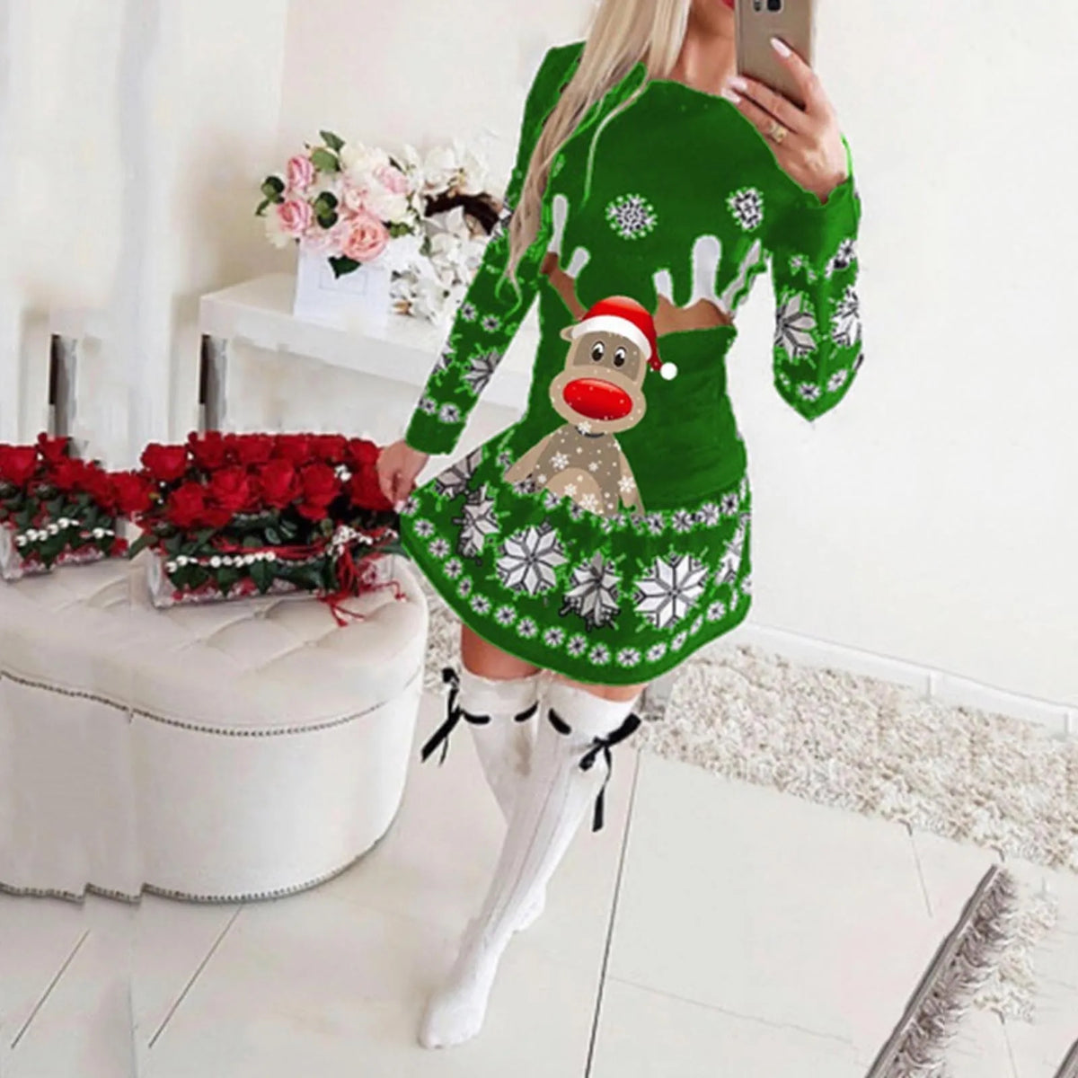 Women’s Reindeer Christmas Sweater Dress – Festive Long-Sleeve Mini for Holiday Styling