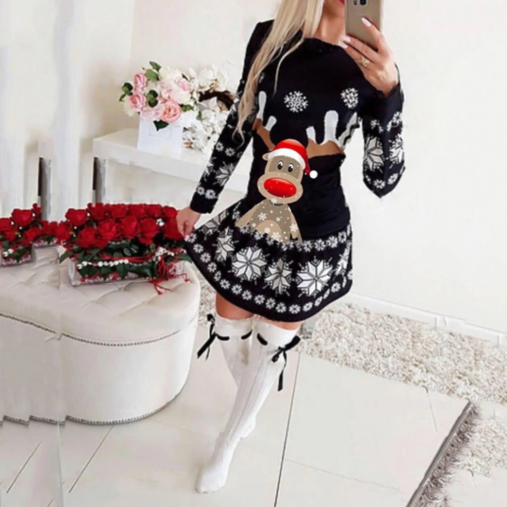 Women’s Reindeer Christmas Sweater Dress – Festive Long-Sleeve Mini for Holiday Styling